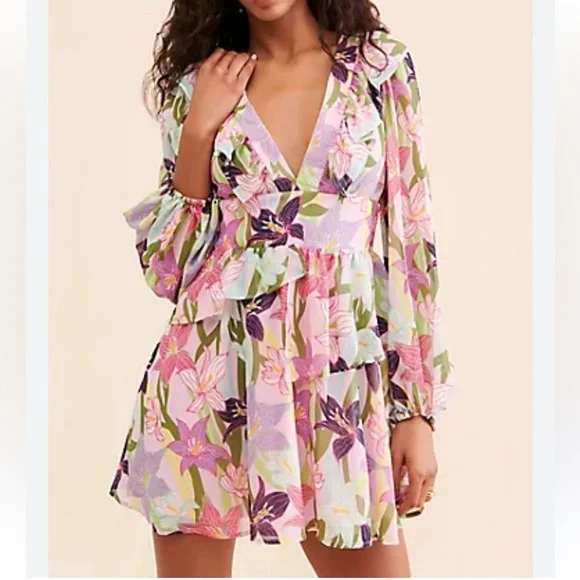 Hutch Floral Printed Ruffled Long Puff Sleeve Pink Mini V Neck Dress Size 10 New - Picture 1 of 9